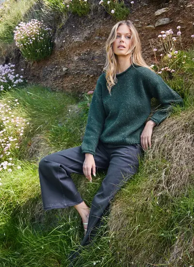 Fisherman Donegal Fleck Roll Neck Pocket Sweater in Scotts Pine